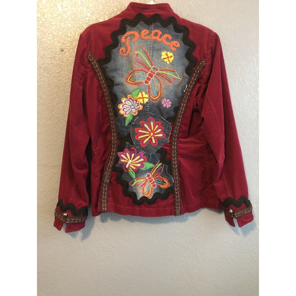 Vintage Coldwater Creek Womens Blazer 12 Maroon Boho Embroidered Button Up Artsy - Picture 11 of 14